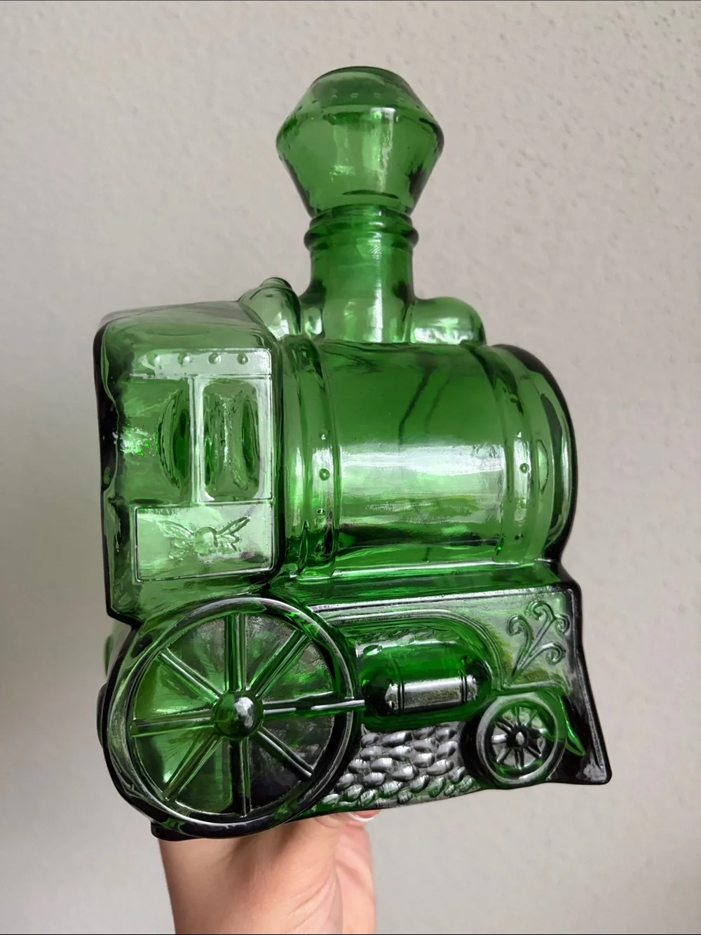 Brevettato Vintage Italian Green Steam Engine Glass Train Decanter Bottle